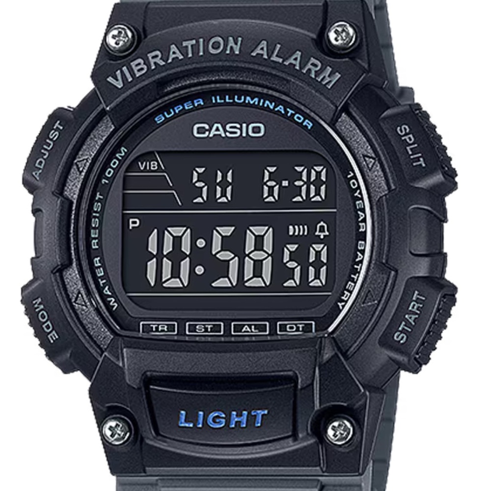 Casio Black Digital Vibration Alarm Watch with Blue Accent